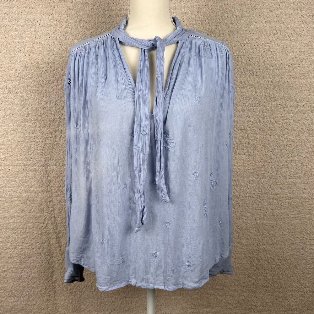 Free People Women's Top S/P Blue Wishful Moments‎ Embroidered Long Sleeve Blouse